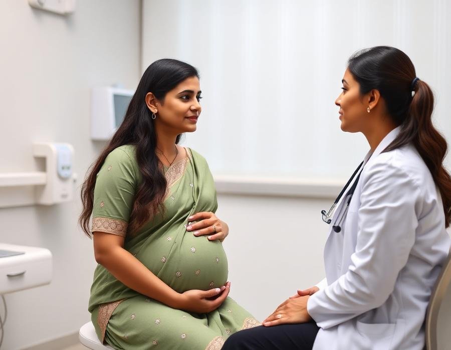 Doctor speaking with an expectant mother in a consultation room