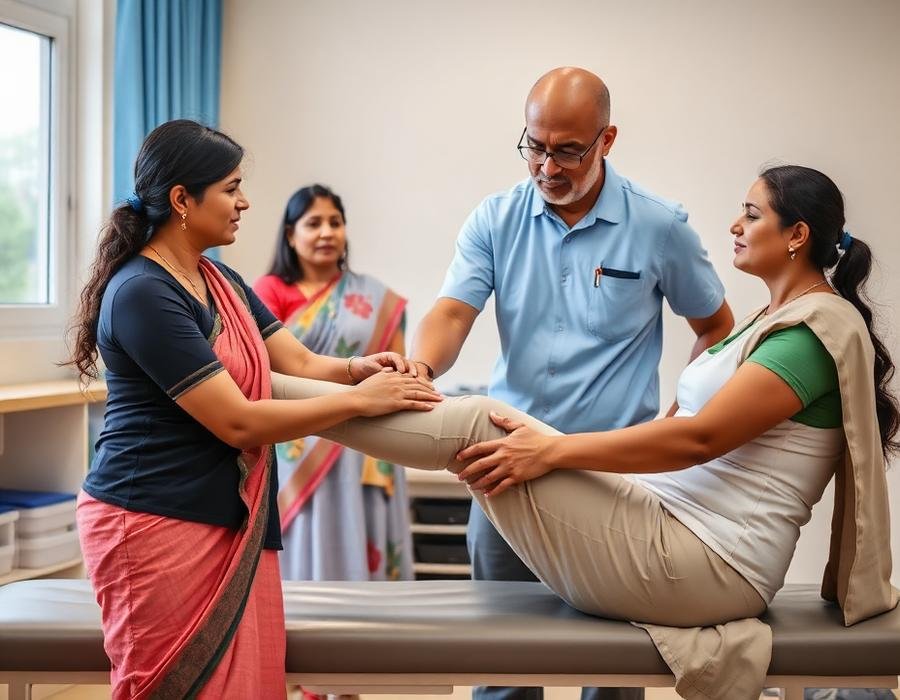 Therapist guiding a patient through a knee rehabilitation exercise