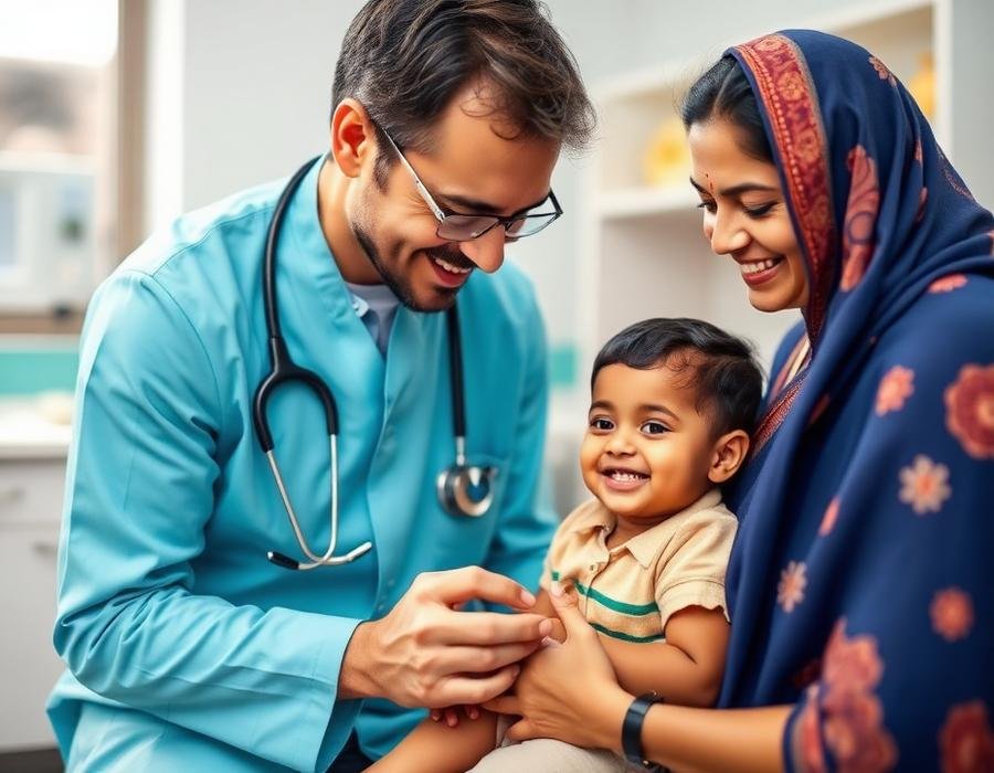 Paediatrician examining a smiling child accompanied by their mother