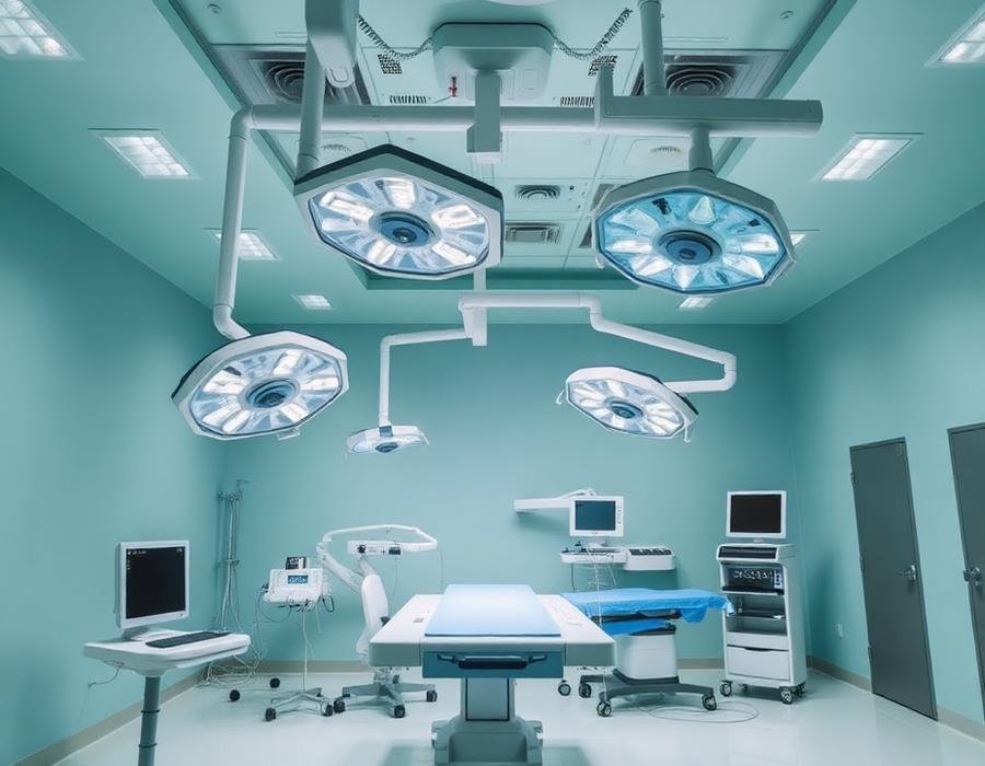 Clean, modern operating theatre with surgical lighting