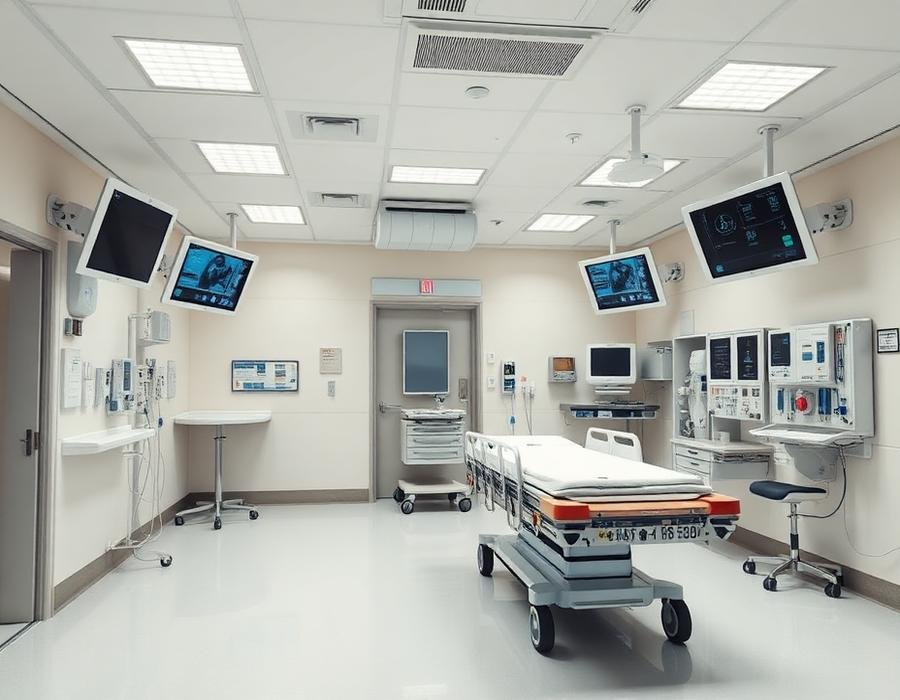 Hospital emergency treatment bay with monitors