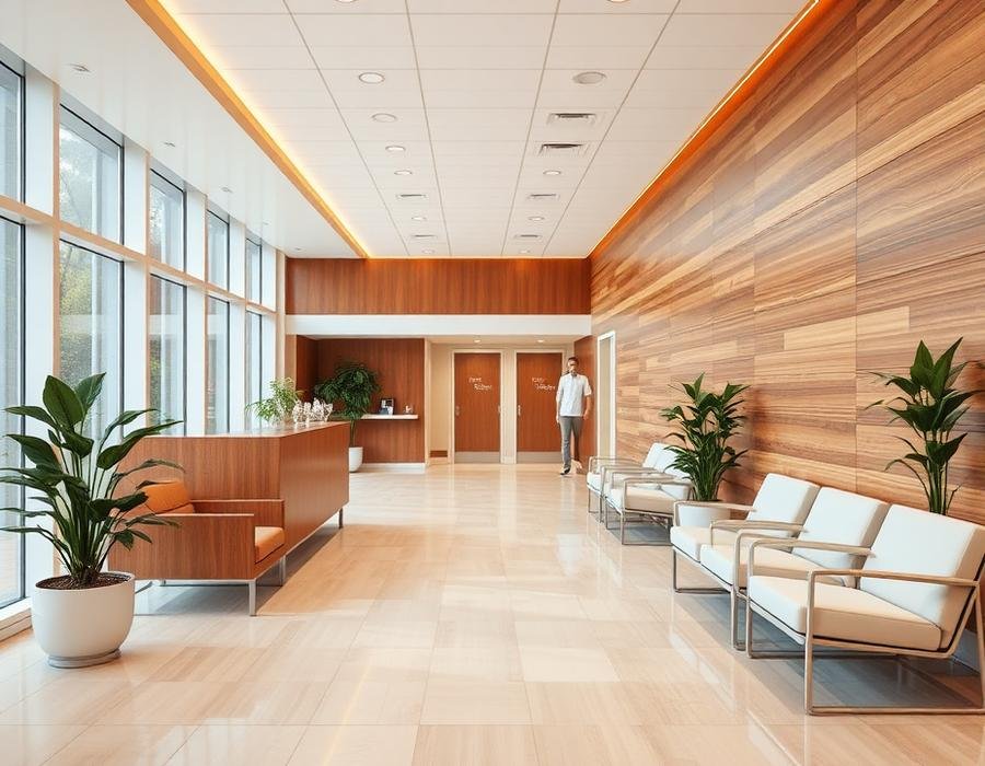 Bright hospital reception with comfortable seating