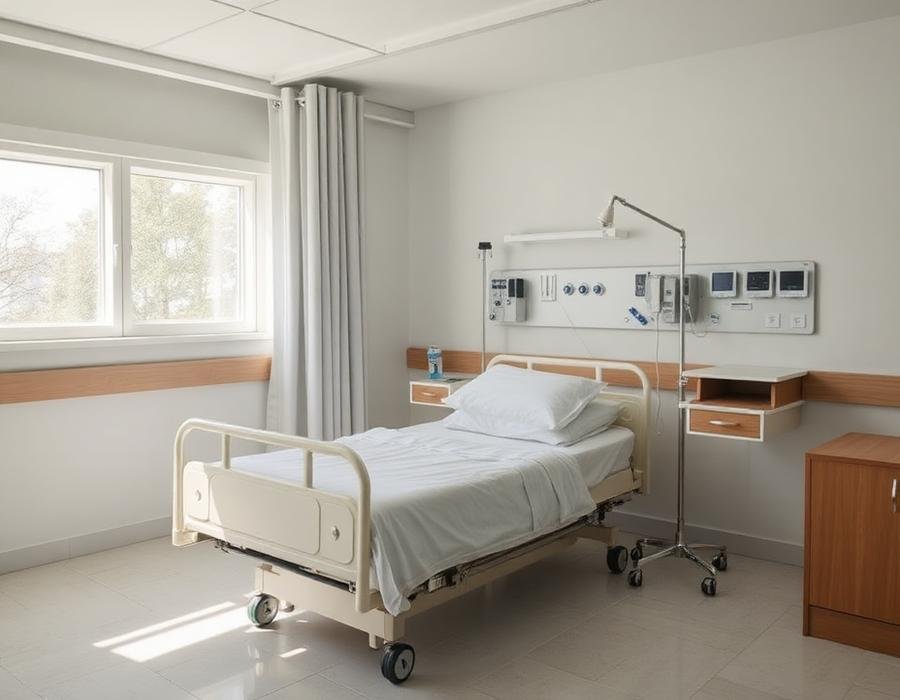 Comfortable hospital patient room with natural light