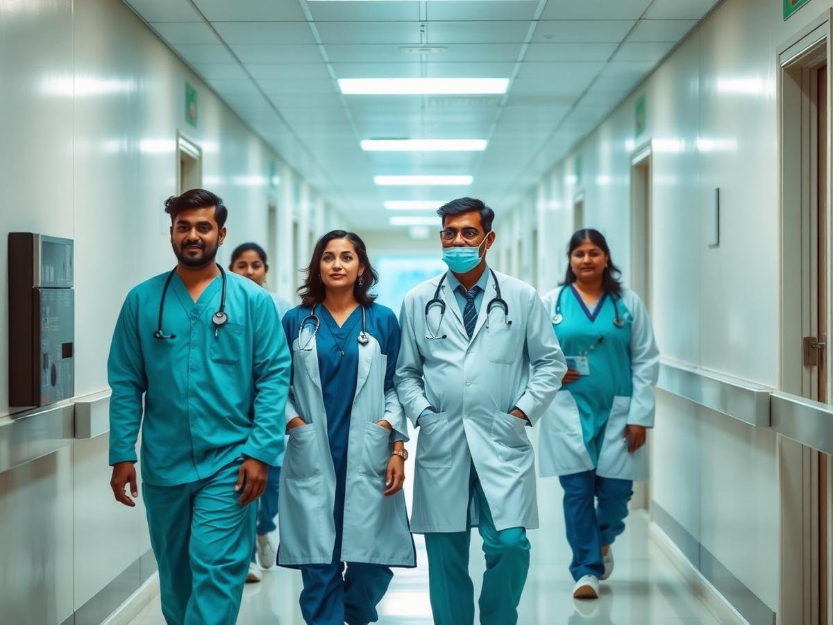 Medical team walking through a hospital corridor
