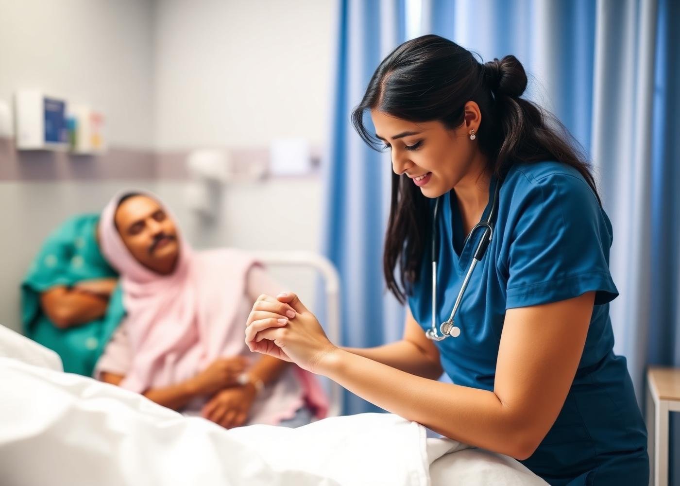 Nurse holding a patient's hand in a hospital room
