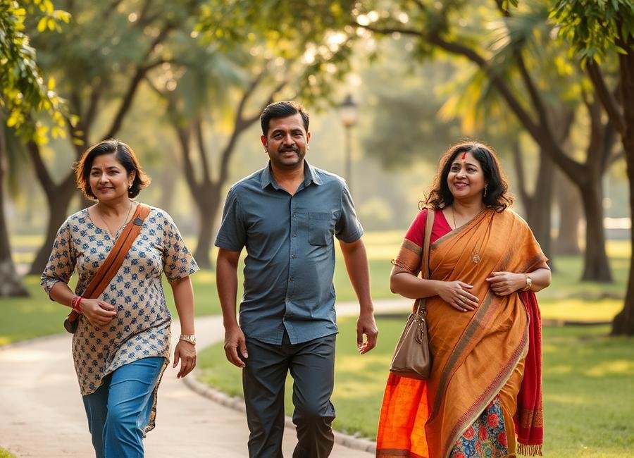 Family walking together in a park in the morning