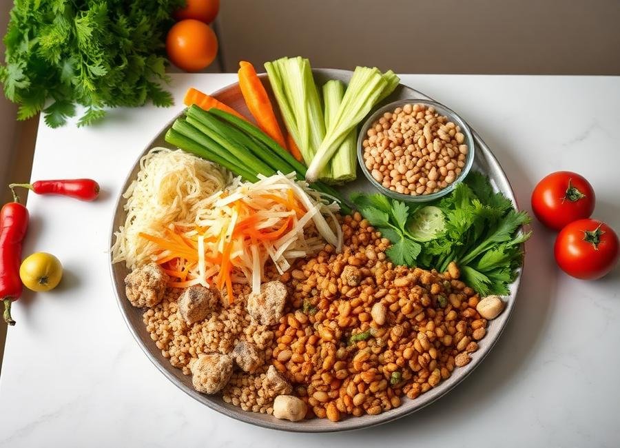 Plate of fresh vegetables, lentils and salad